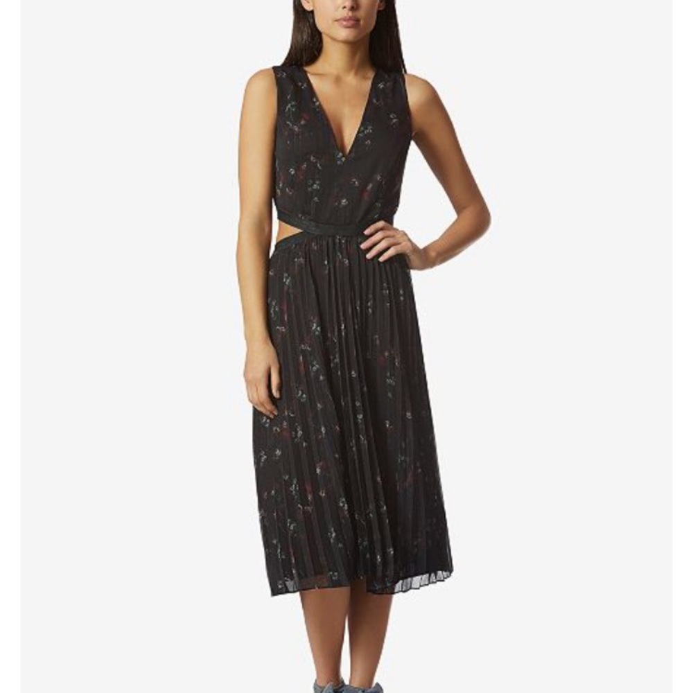 Avec Les Filles Floral Pleated Cut Out Dress